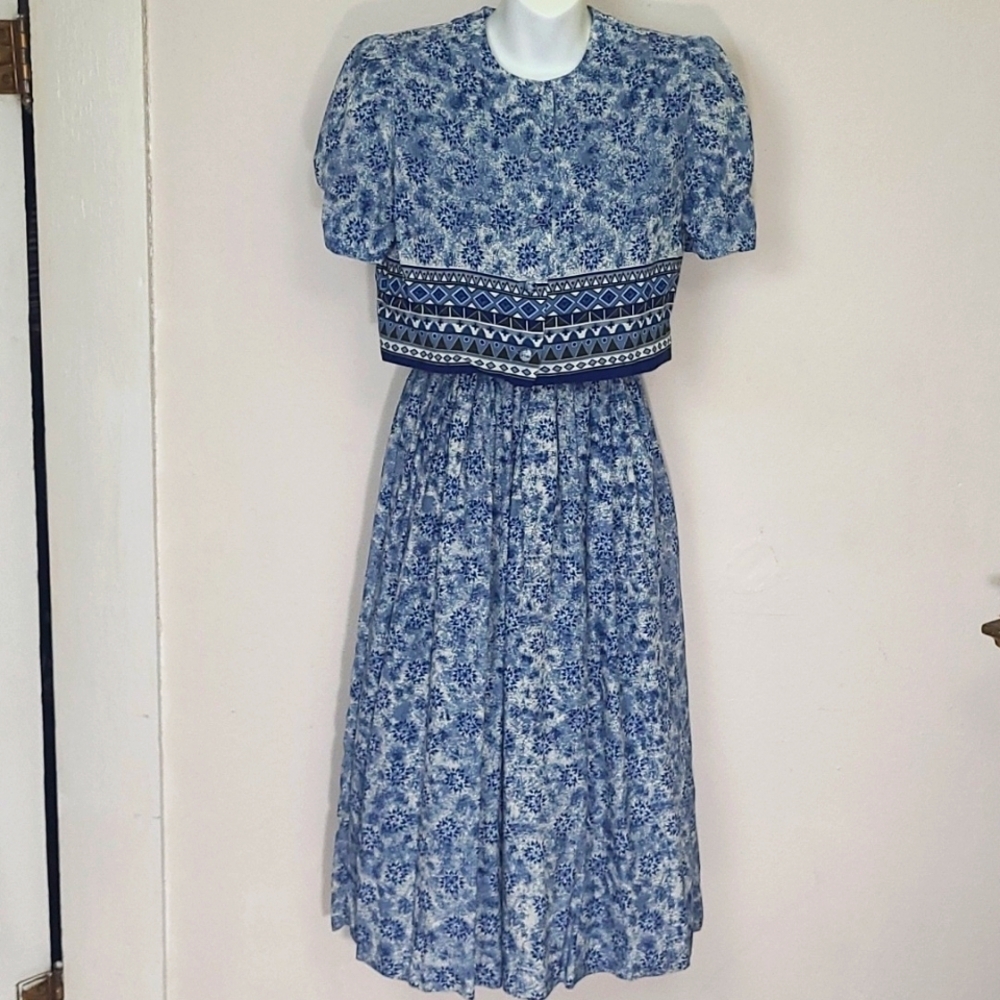 Karin Stevens Vintage Blue White Floral Sundress Cropped Jacket Cottagecore Sz 6